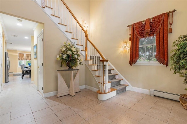 2 Apple Ct, Eastchester, NY 10709 - stairway featuring a baseboard radiator, tile patterned flooring, and recessed lighting