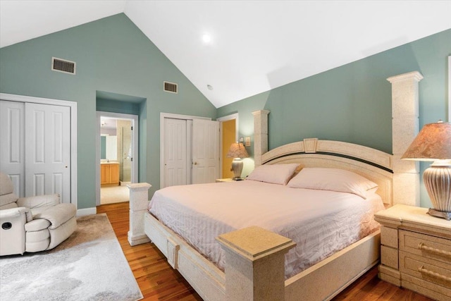 2 Apple Ct, Eastchester, NY 10709 - bedroom with high vaulted ceiling, multiple closets, wood finished floors, decorative columns, and connected bathroom