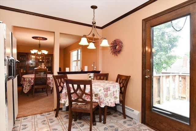7 Albergo Ln, Syosset, NY 11791 - dining room with baseboard heating, a chandelier, and ornamental molding