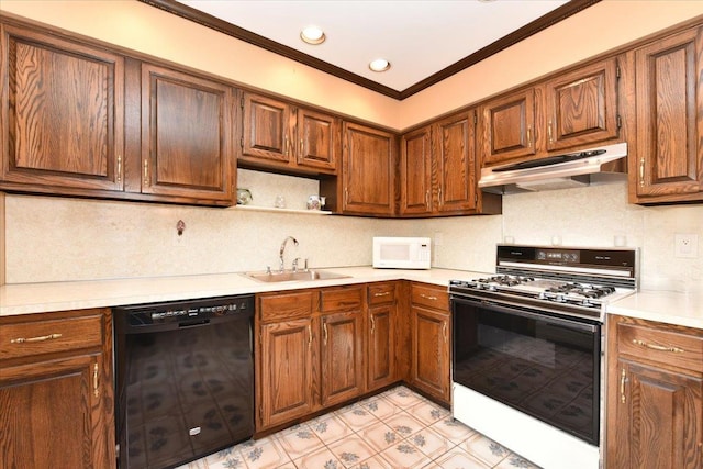 7 Albergo Ln, Syosset, NY 11791 - kitchen featuring white appliances, under cabinet range hood, light countertops, decorative backsplash, and ornamental molding