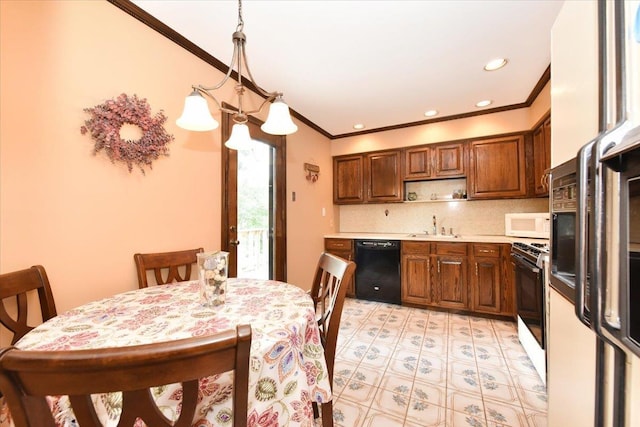 7 Albergo Ln, Syosset, NY 11791 - kitchen with white appliances, ornamental molding, tasteful backsplash, light countertops, and brown cabinetry