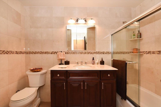 7 Albergo Ln, Syosset, NY 11791 - full bath featuring tile walls, vanity, enclosed tub / shower combo, and decorative backsplash