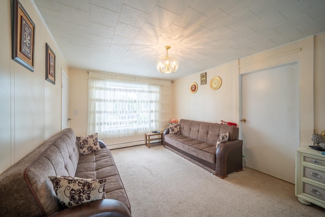 47 Cardinal Rd, Levittown, NY 11756 - living room featuring a chandelier, carpet flooring, and a baseboard heating unit