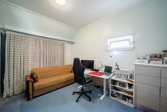 47 Cardinal Rd, Levittown, NY 11756 - office area featuring lofted ceiling, carpet floors, and ornamental molding