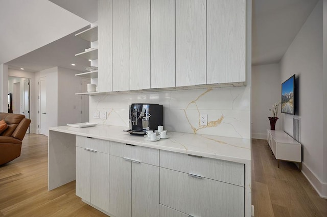 75 Red Fox Ln, Salt Point, NY 12578 - kitchen featuring light wood-type flooring, open shelves, backsplash, modern cabinets, and recessed lighting
