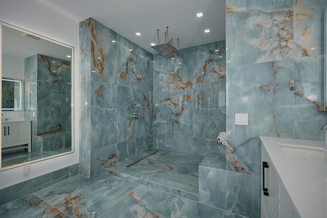 75 Red Fox Ln, Salt Point, NY 12578 - full bathroom featuring vanity, a walk in shower, tile walls, recessed lighting, and marble finish flooring
