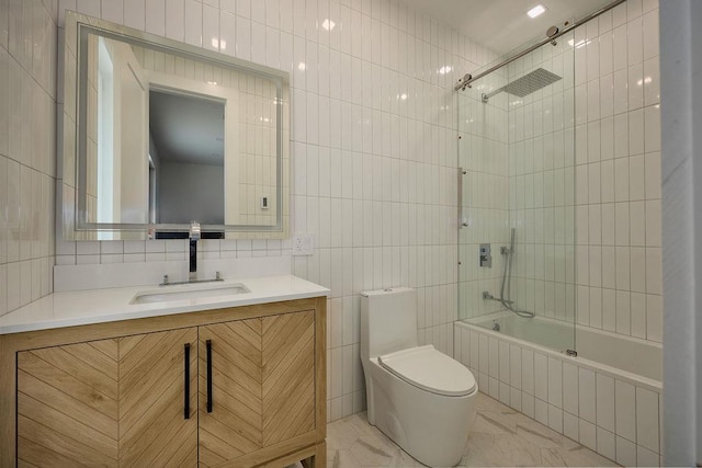 75 Red Fox Ln, Salt Point, NY 12578 - full bathroom with tiled shower / bath combo, tile walls, marble look tile flooring, and vanity