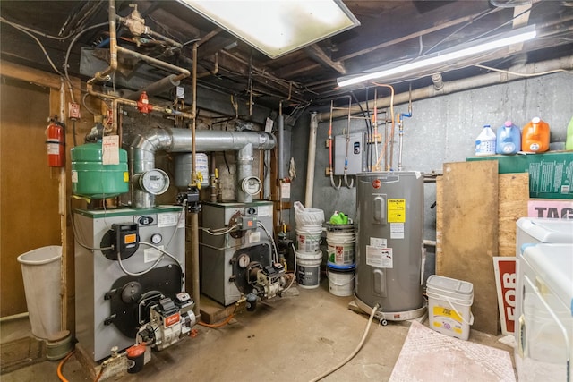 126 Tanglewylde Rd, Lake Peekskill, NY 10537 - utility room with electric water heater, a heating unit, and washer and clothes dryer
