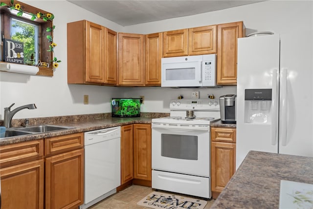 578 S St, Plattekill, NY 12528 - kitchen with white appliances, dark countertops, and brown cabinets