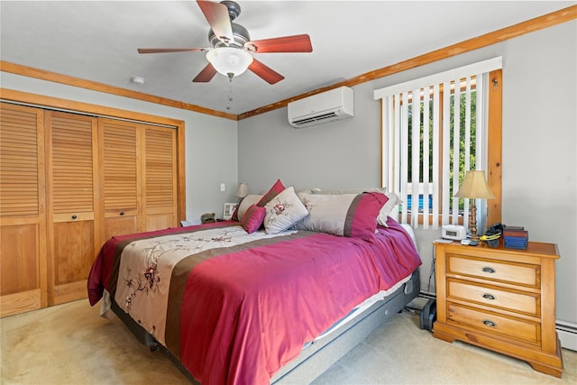 578 S St, Plattekill, NY 12528 - bedroom featuring a wall unit AC, carpet, a closet, ornamental molding, and ceiling fan