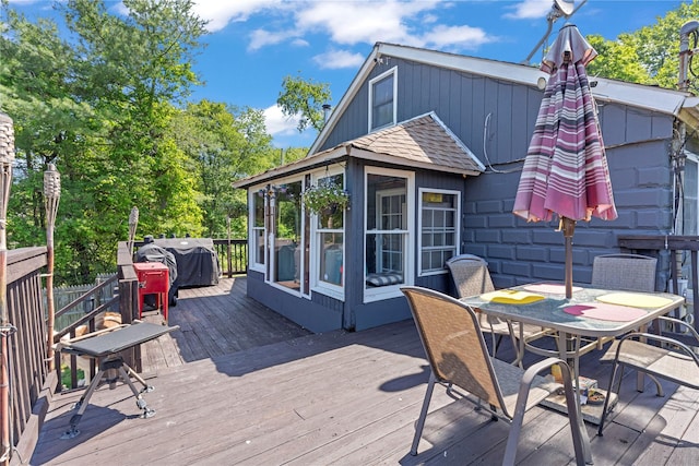 578 S St, Plattekill, NY 12528 - wooden terrace featuring outdoor dining area and a sunroom