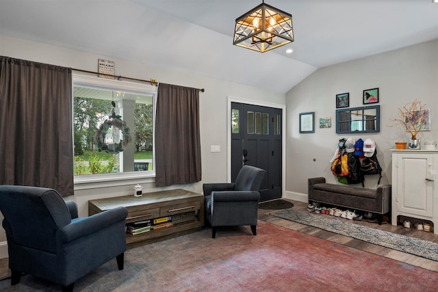 24 Canvasback Ln, East Quogue, NY 11942 - sitting room featuring vaulted ceiling, a chandelier, wood finished floors, and recessed lighting