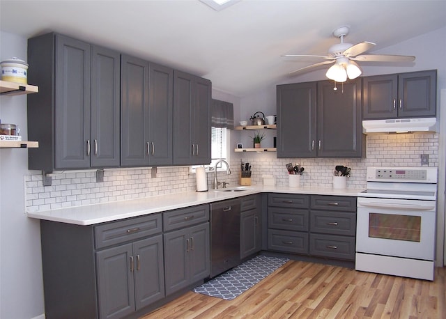 5 Windham Ln, Ronkonkoma, NY 11779 - kitchen with open shelves, electric range, stainless steel dishwasher, under cabinet range hood, and ceiling fan