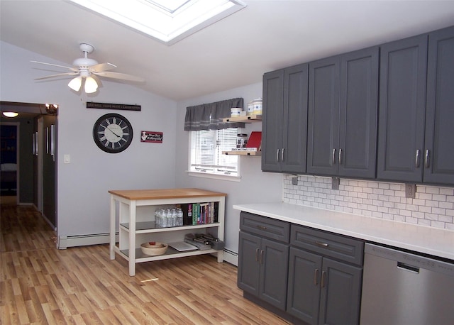 5 Windham Ln, Ronkonkoma, NY 11779 - kitchen with stainless steel dishwasher, vaulted ceiling, tasteful backsplash, light countertops, and a skylight