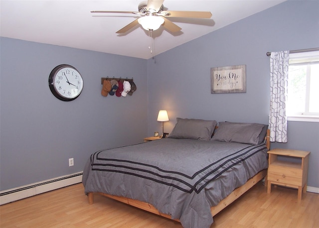 5 Windham Ln, Ronkonkoma, NY 11779 - bedroom with wood finished floors, a baseboard heating unit, vaulted ceiling, and a ceiling fan