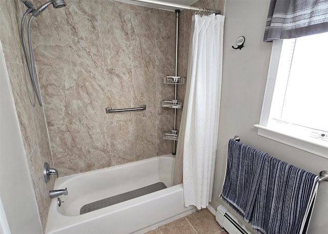 5 Windham Ln, Ronkonkoma, NY 11779 - full bath with healthy amount of natural light, shower / tub combo, tile patterned flooring, and baseboard heating