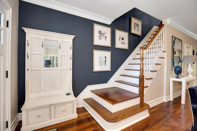 3120 Grathwohl Rd, New Suffolk, NY 11956 - stairway with crown molding and wood finished floors