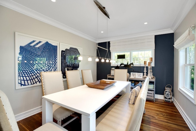 3120 Grathwohl Rd, New Suffolk, NY 11956 - dining room featuring crown molding, dark wood-style flooring, and recessed lighting