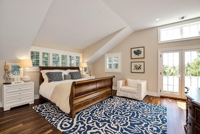 3120 Grathwohl Rd, New Suffolk, NY 11956 - bedroom with access to exterior, wood-type flooring, lofted ceiling, and french doors