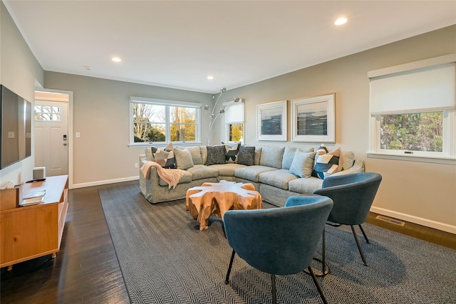 3120 Grathwohl Rd, New Suffolk, NY 11956 - living room featuring dark wood-style flooring and recessed lighting