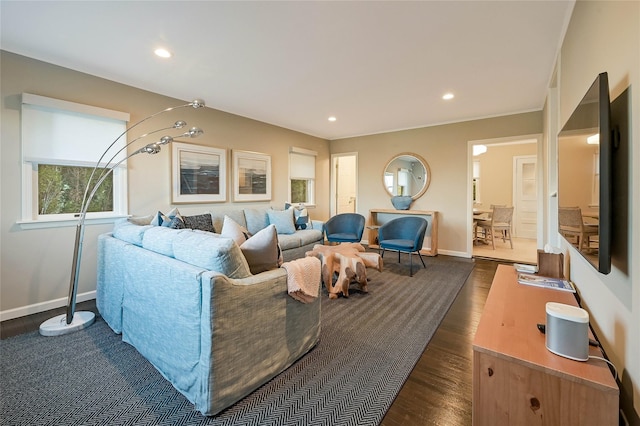 3120 Grathwohl Rd, New Suffolk, NY 11956 - living room featuring dark wood-style flooring and recessed lighting