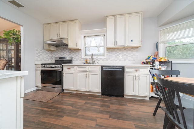98 Virginia Ave, Plainview, NY 11803 - kitchen featuring black dishwasher, stainless steel gas range oven, under cabinet range hood, and light countertops