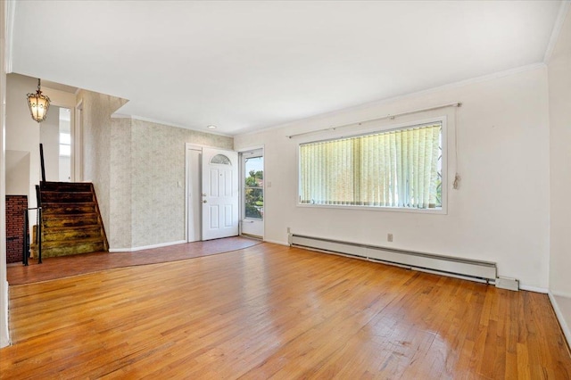 20 Deb St, Plainview, NY 11803 - unfurnished living room with baseboard heating, wood finished floors, crown molding, a chandelier, and stairway