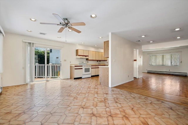 20 Deb St, Plainview, NY 11803 - unfurnished living room featuring a baseboard radiator, a ceiling fan, and recessed lighting