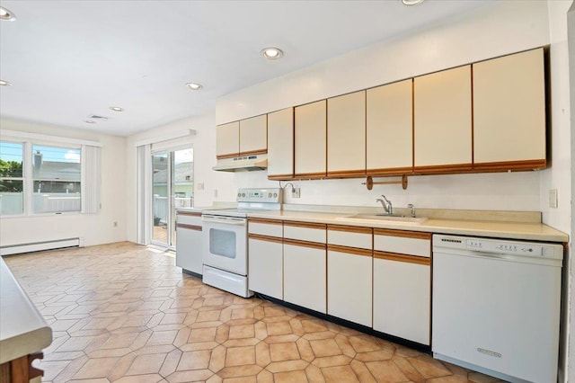 20 Deb St, Plainview, NY 11803 - kitchen with white appliances, a baseboard radiator, under cabinet range hood, light countertops, and recessed lighting