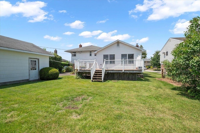 20 Deb St, Plainview, NY 11803 - back of house with a wooden deck, a lawn, and a chimney