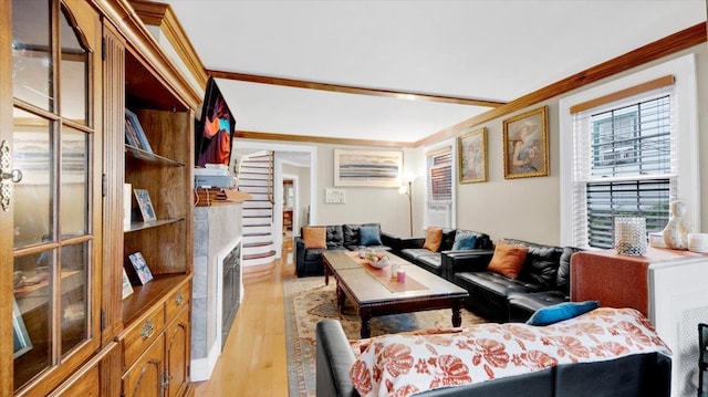 20 Overhill Pl, Yonkers, NY 10704 - living room featuring a fireplace, crown molding, and light wood-type flooring