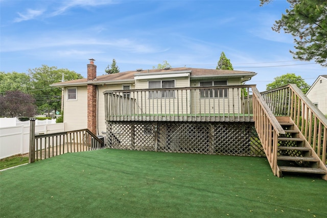 180 Hunter Ave, North Babylon, NY 11703 - rear view of house featuring stairway, a deck, and a chimney