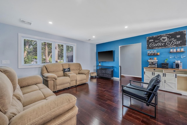 15 Aron Dr, Bohemia, NY 11716 - living room featuring a dry bar, wood finished floors, and recessed lighting