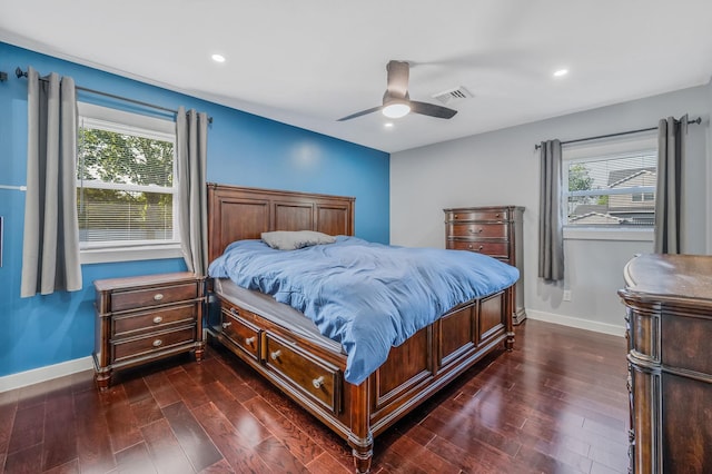 15 Aron Dr, Bohemia, NY 11716 - bedroom featuring dark wood-style flooring, multiple windows, recessed lighting, and a ceiling fan