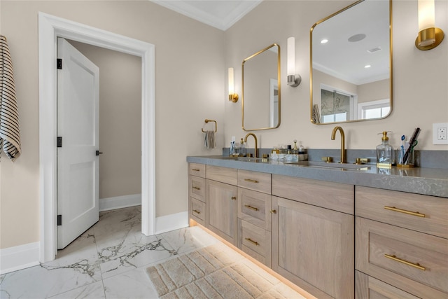 52 Concourse E, Brightwaters, NY 11718 - bathroom featuring ornamental molding, double vanity, marble finish flooring, and recessed lighting