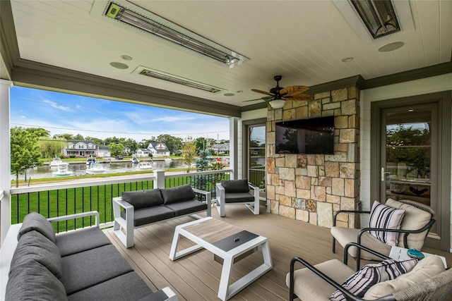 52 Concourse E, Brightwaters, NY 11718 - wooden terrace with an outdoor living space, a water view, a ceiling fan, and a yard