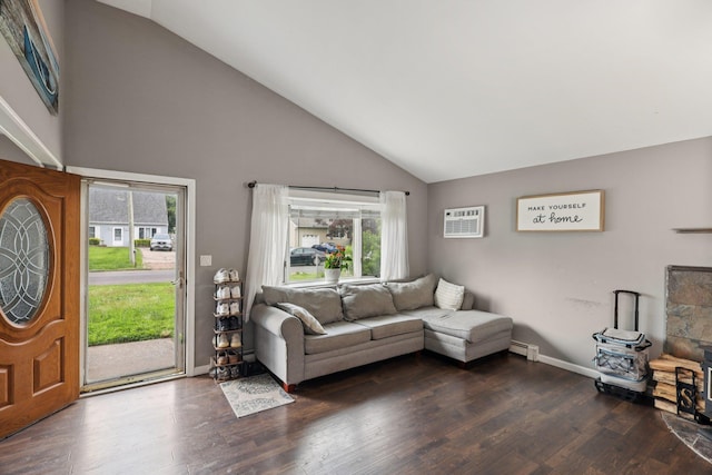 17 Lombardy Dr, Shirley, NY 11967 - living room featuring dark wood-type flooring, high vaulted ceiling, and a wall mounted AC