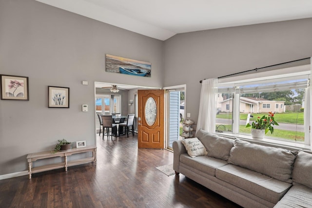 17 Lombardy Dr, Shirley, NY 11967 - living area featuring high vaulted ceiling, wood finished floors, and ceiling fan