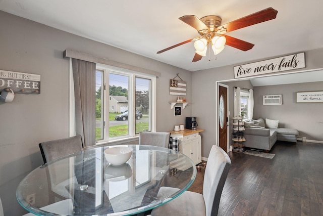 17 Lombardy Dr, Shirley, NY 11967 - dining space with plenty of natural light, dark wood-type flooring, ceiling fan, and a wall mounted air conditioner