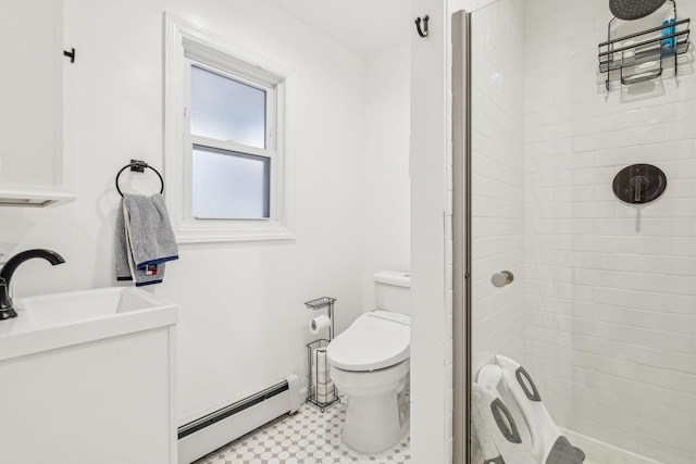 652 Arthur St, Baldwin Harbor, NY 11510 - bathroom with baseboard heating, a shower stall, and vanity
