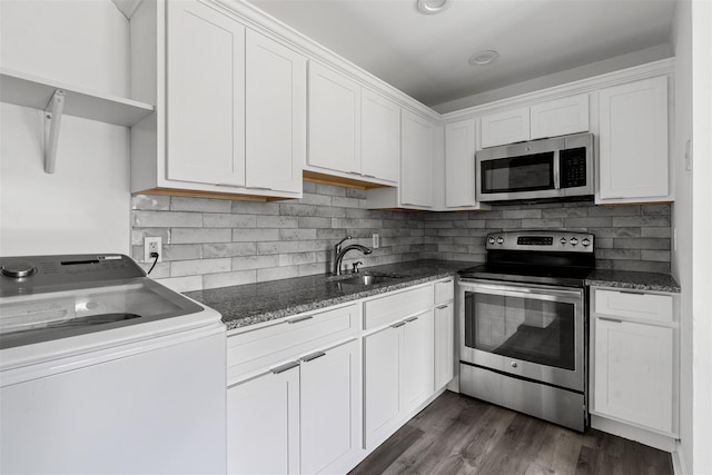 14 E White Gate Rd, Wappingers Falls, NY 12590 - kitchen featuring stainless steel appliances, washer / dryer, open shelves, white cabinets, and decorative backsplash