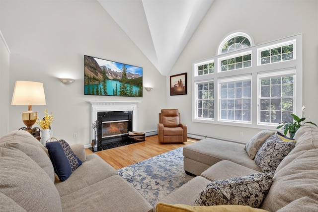 311 Myers Corners Rd, Wappingers Falls, NY 12590 - living area with wood finished floors, baseboard heating, a fireplace with flush hearth, and high vaulted ceiling