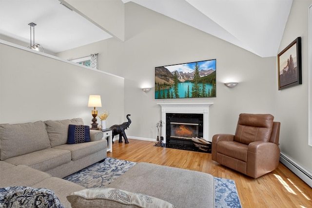 311 Myers Corners Rd, Wappingers Falls, NY 12590 - living area featuring wood finished floors, a fireplace with flush hearth, baseboard heating, and high vaulted ceiling
