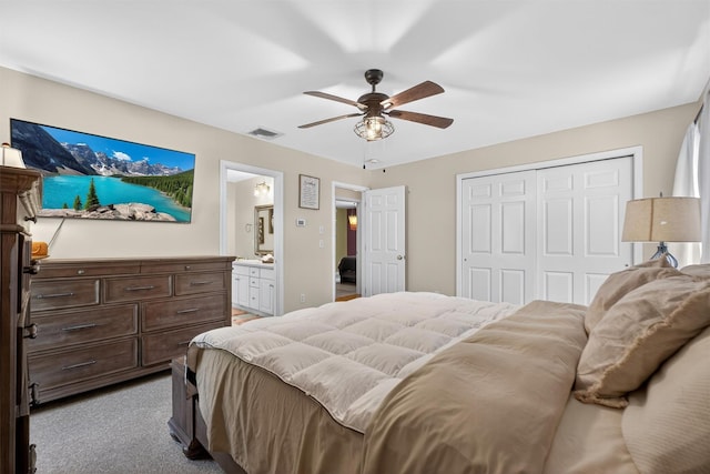 311 Myers Corners Rd, Wappingers Falls, NY 12590 - bedroom featuring a closet, carpet floors, ceiling fan, and connected bathroom