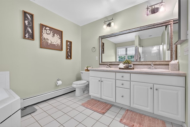 311 Myers Corners Rd, Wappingers Falls, NY 12590 - bathroom featuring a baseboard radiator, double vanity, tile patterned floors, a shower, and a bathtub