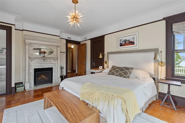 28 Shore Rd, Douglaston, NY 11363 - bedroom with a fireplace with flush hearth and crown molding