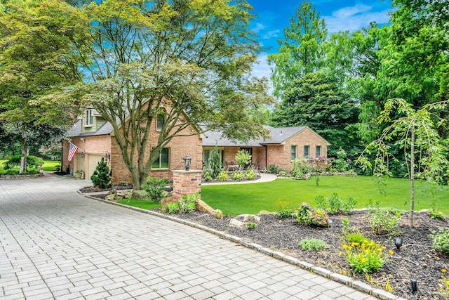 6 Memas Ct, Dix Hills, NY 11746 - view of front of home featuring brick siding, decorative driveway, a garage, and a front lawn