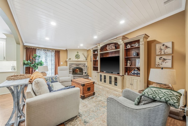 6 Memas Ct, Dix Hills, NY 11746 - living room with ornamental molding, recessed lighting, a fireplace, wood finished floors, and wooden ceiling