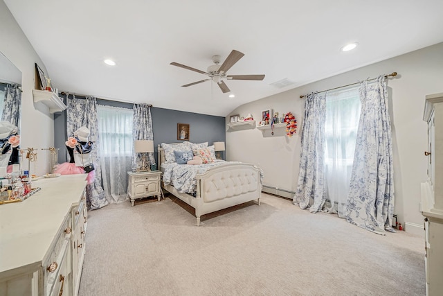 6 Memas Ct, Dix Hills, NY 11746 - bedroom featuring light colored carpet, recessed lighting, baseboard heating, ceiling fan, and lofted ceiling