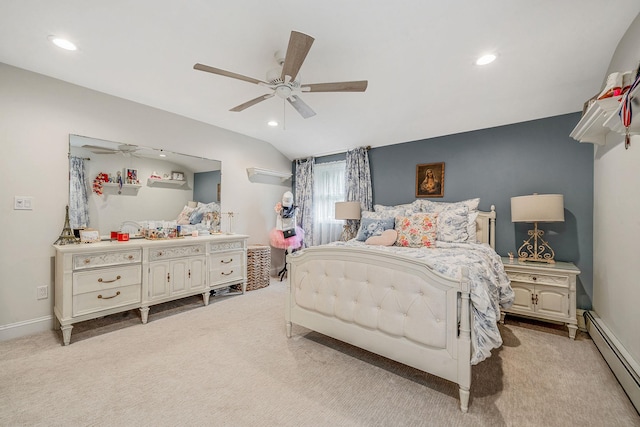 6 Memas Ct, Dix Hills, NY 11746 - bedroom with baseboard heating, light carpet, recessed lighting, a ceiling fan, and vaulted ceiling